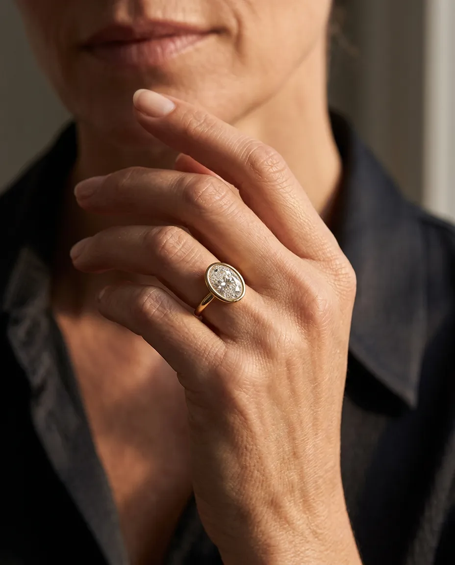 Oval diamond ring worn on a hand