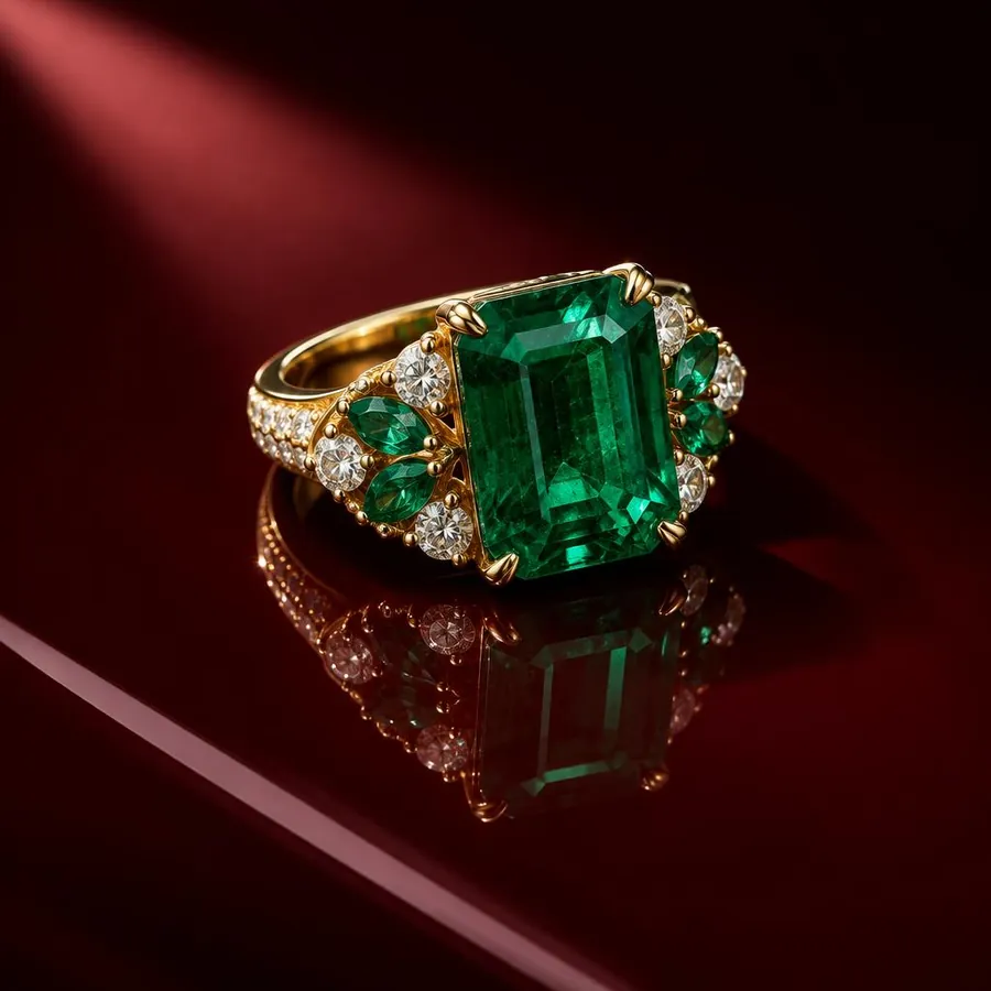 Emerald ring on burgundy lacquer
