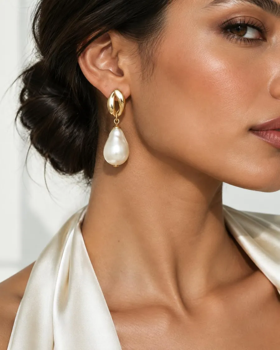 Pearl drop earring worn on model