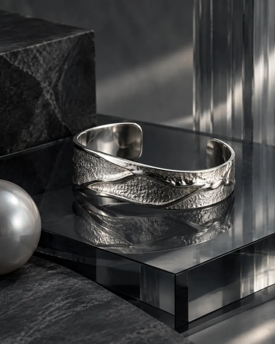 Silver cuff bracelet in a dark product image